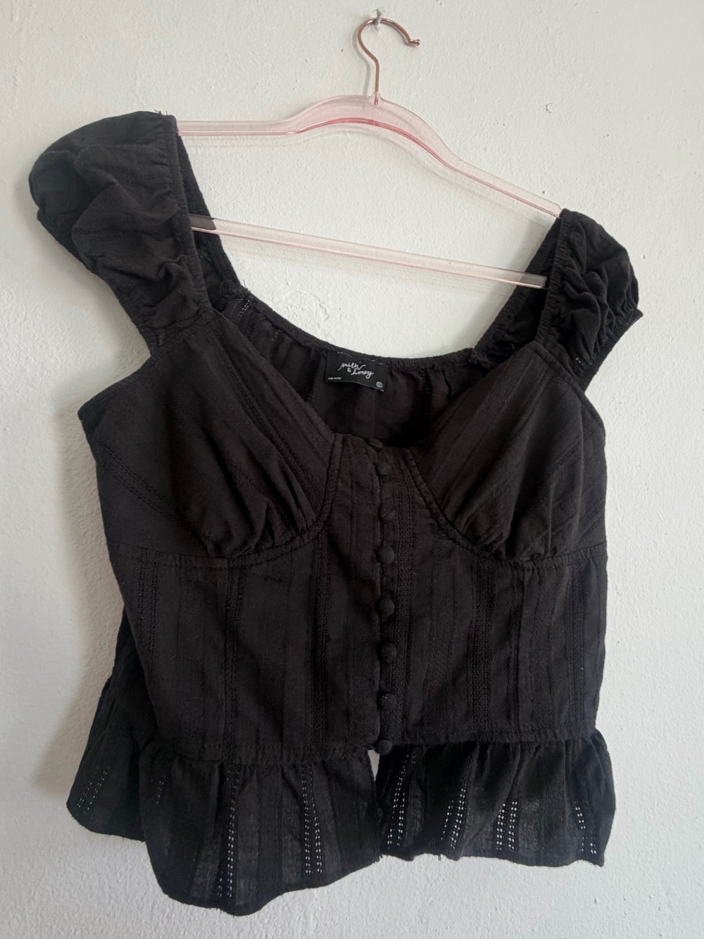 Women’s Black Bustier Peplum Blouse with Button Front